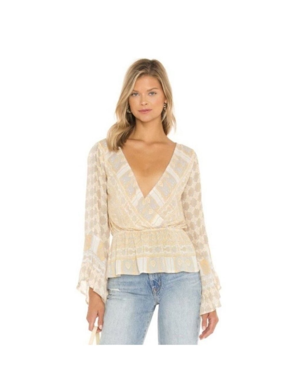 Free People Rosalie Bell Sleeve Faux Wrap Top in Antique Combo Size L